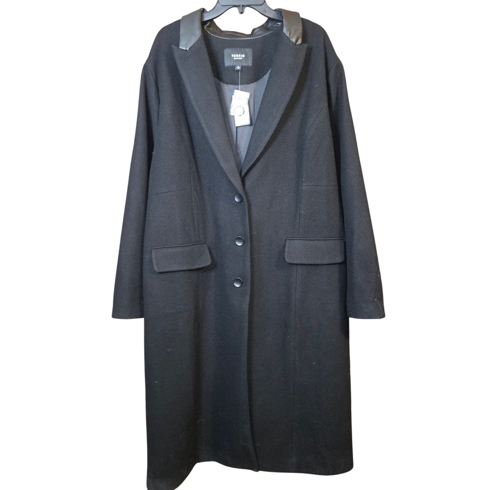 Torrid Faux Wool Longline PU Collar Coat Deep Black Plus Size 4 4X‎ 26 42935393